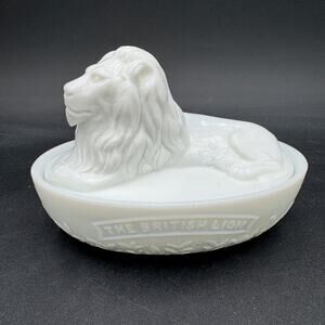 Antique Milk Glass British Lion Covered Dish 1890's